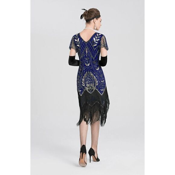 ✨💙 Flapper Great Gatsby 1920s Retro Tassel Fringe Sequin Blue Dress XL NEW - Picture 11 of 15